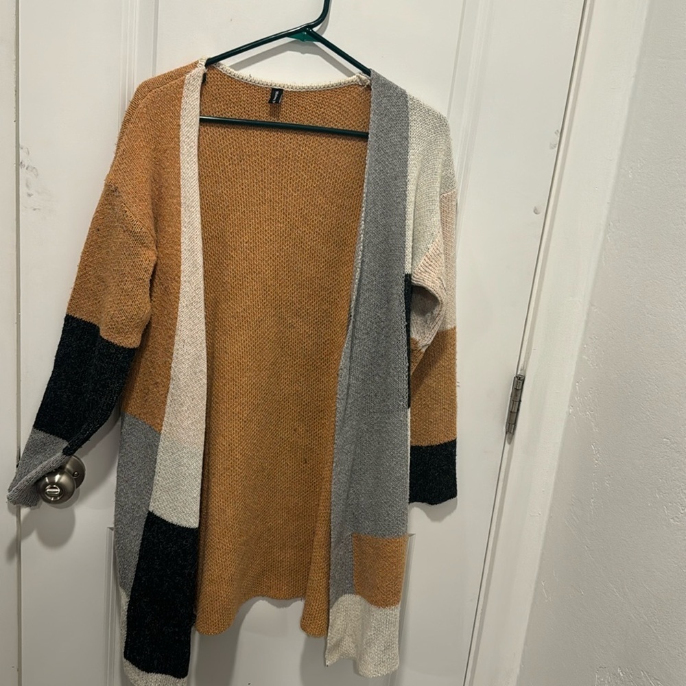 Colorblock Open-Front Cardigan in Mustard, Gray & Cream